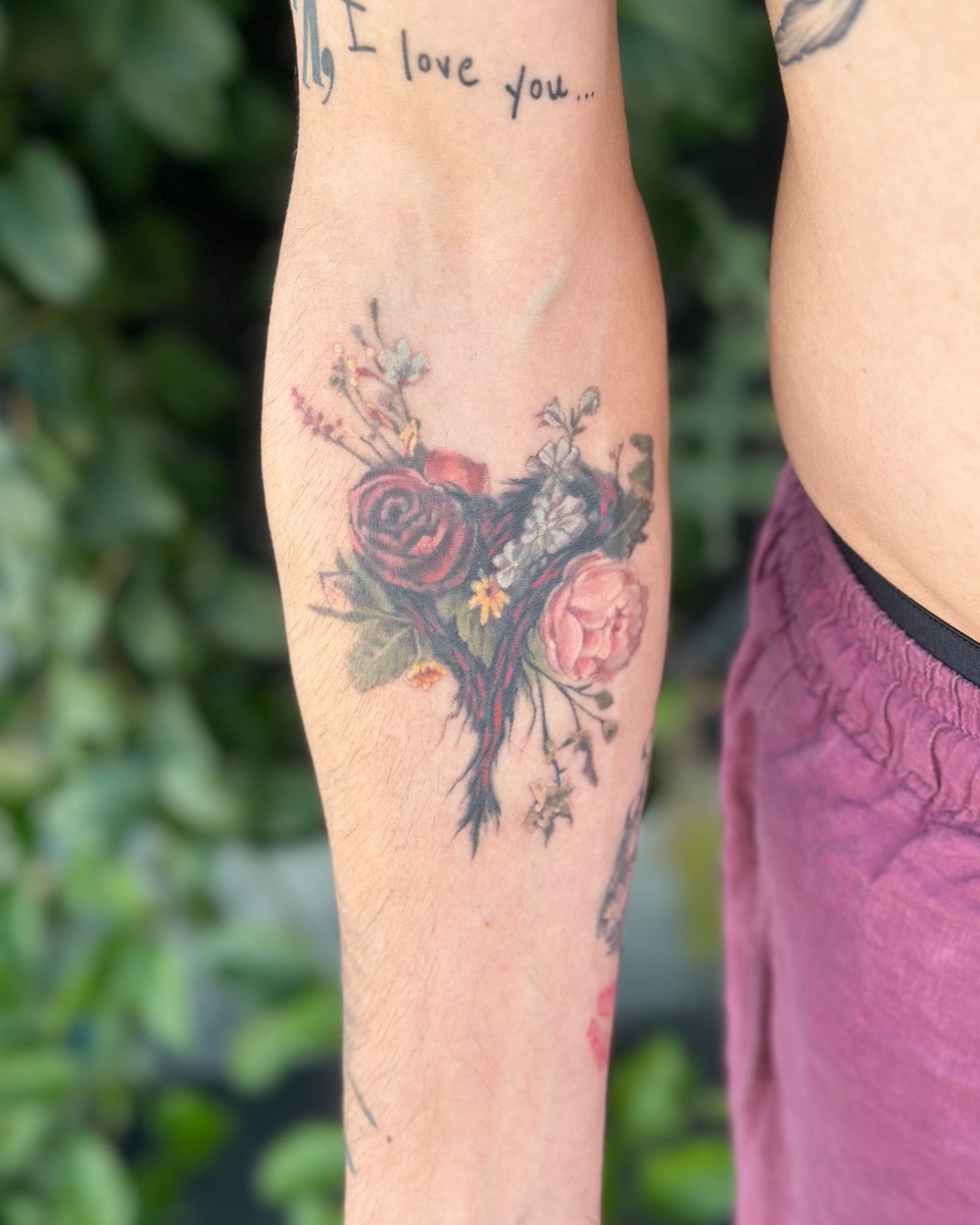 After: colorful rose bundle coverup tattoo