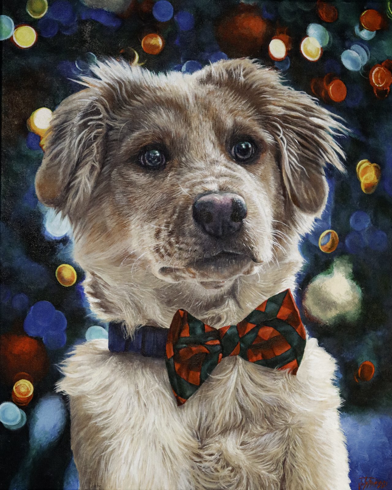 Painted holiday portrait of a puppy named Felix in a bow tie