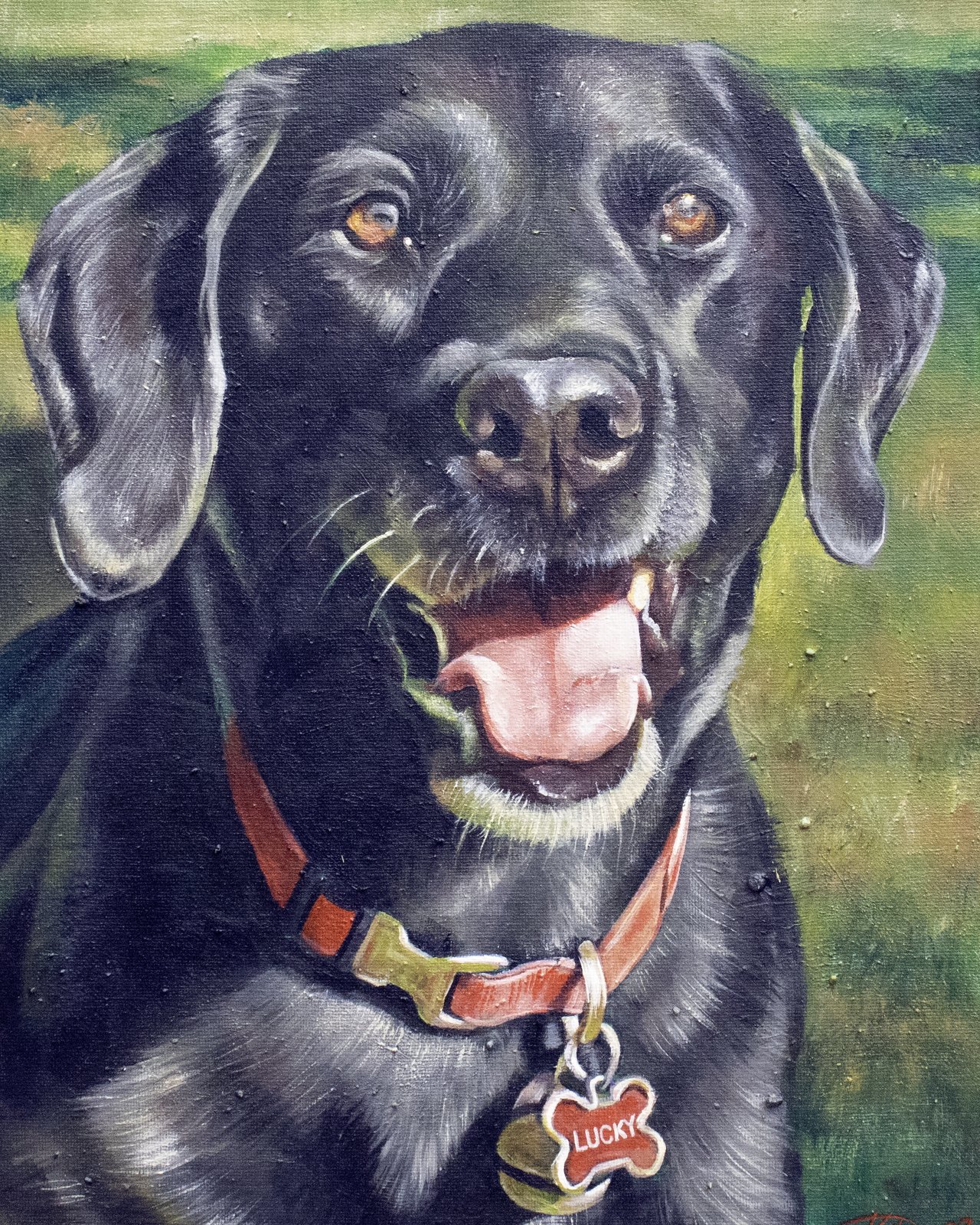 Painted portrait of a black Labrador named Lucky