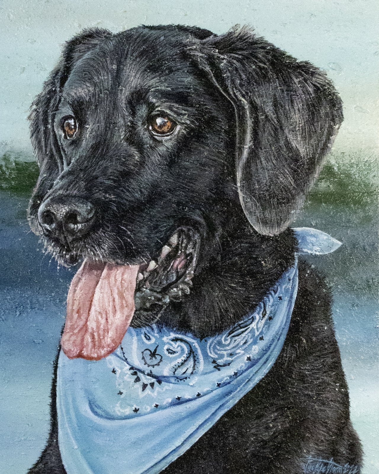 Painted portrait of a black Labrador named Romo wearing a blue bandana