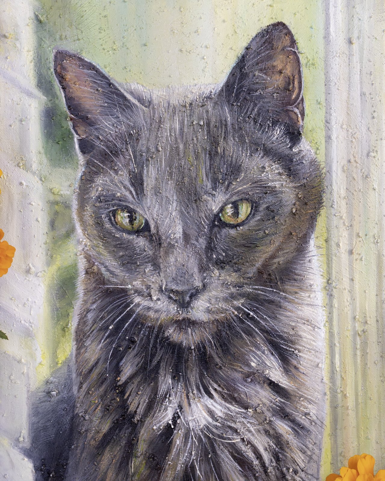Painted portrait of a gray cat named Shadow