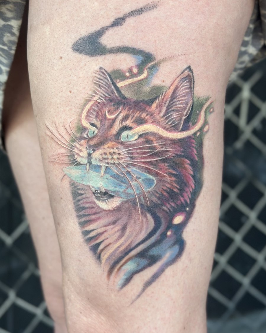 Colorful cat portrait tattoo