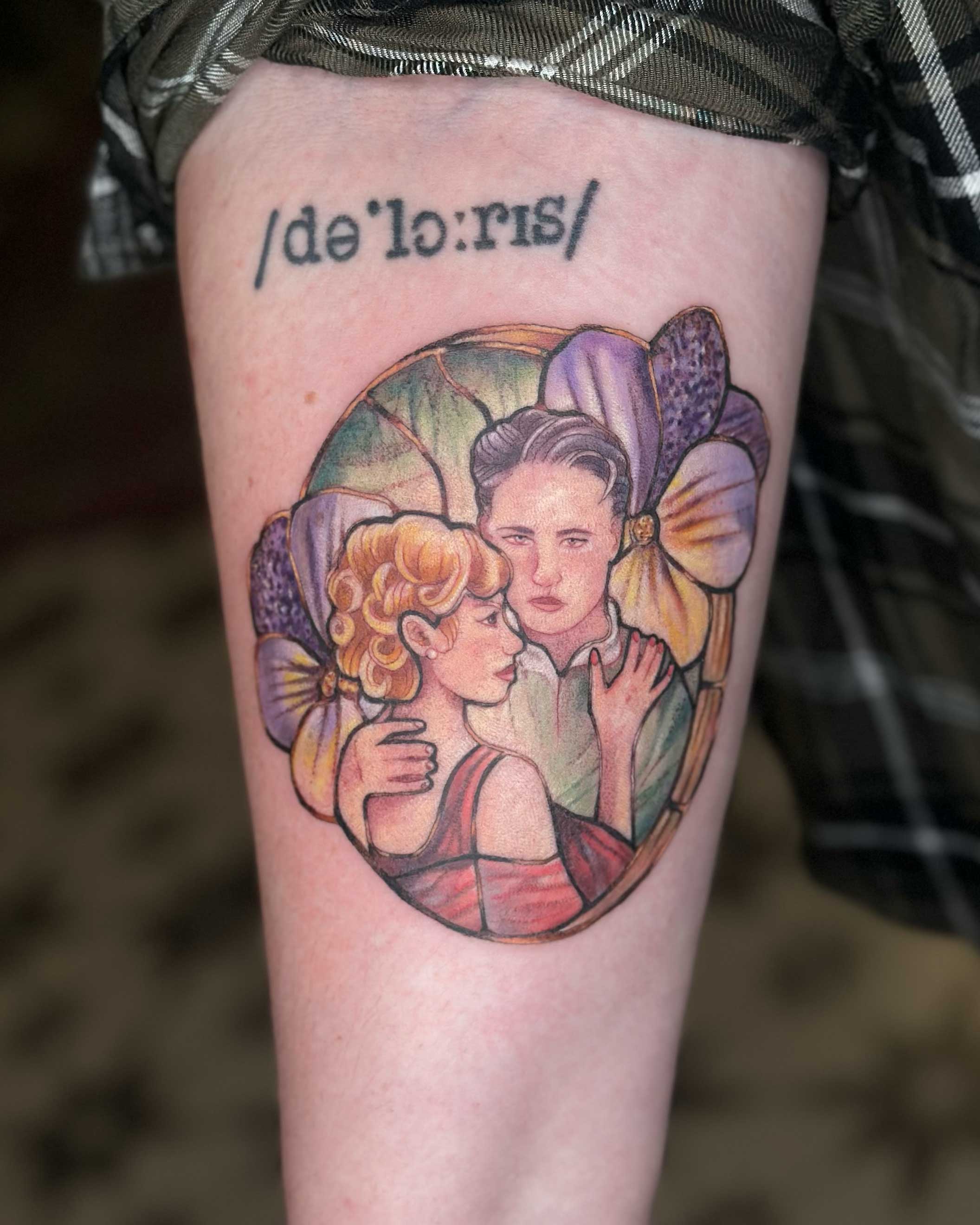 Stained glass style portrait tattoo of two women