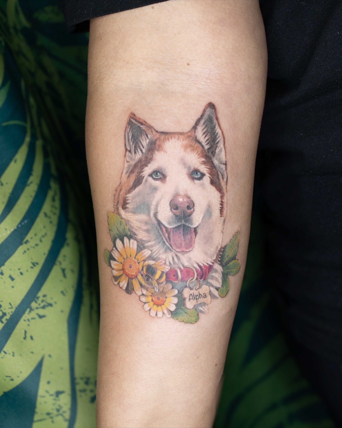 Husky & Sunflowers tattoo